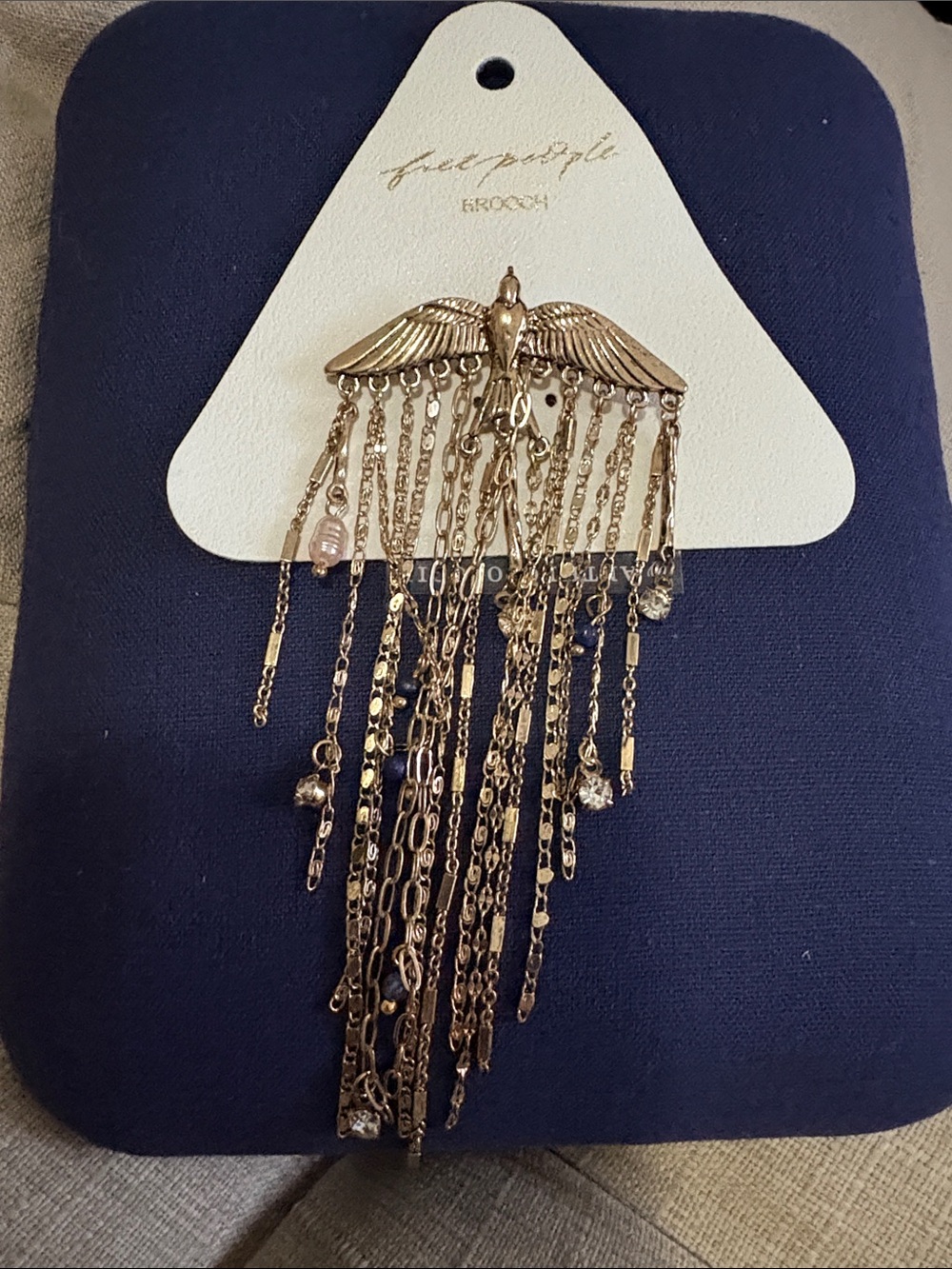 Gold Winged Bird Fringe Brooch - Gold Color